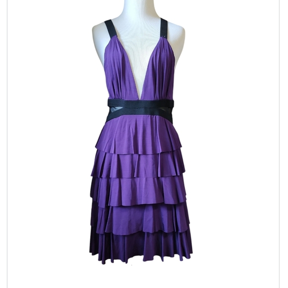 Bebe Purple Mesh Cutout Crisscross Back V-Neck Tiered Dress Size S - Picture 1 of 6